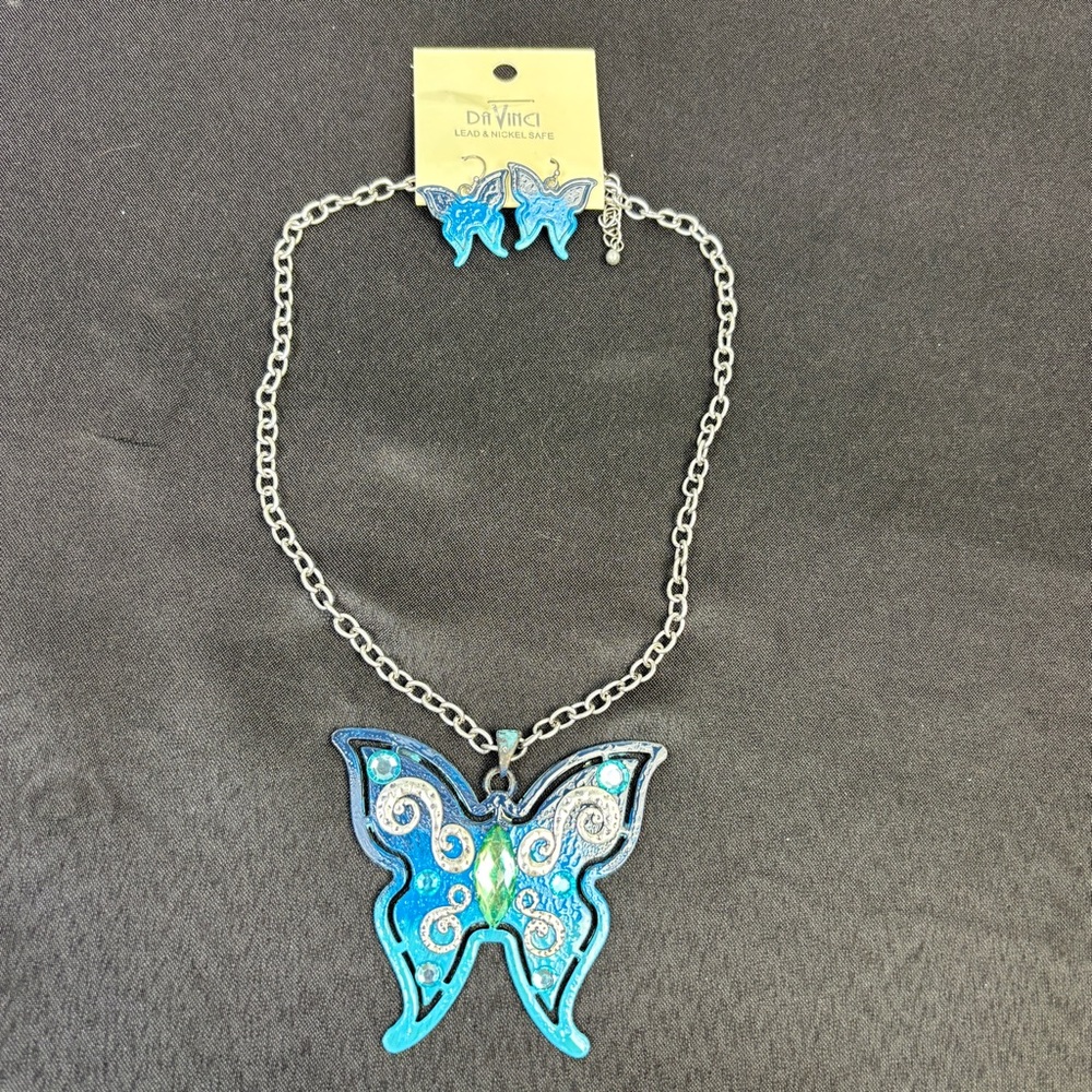 Da Vinci Butterfly Necklace & Earrings Set Painted Blue Patina Silvertone Boho